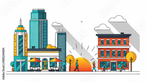Vibrant urban cityscape vector illustration showcasing modern buildings and pedestrian activity