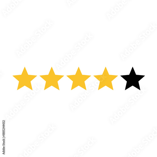 Five star rating vector icon with four yellow stars and one black star