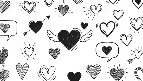 Collection of various hand drawn black and white doodle hearts featuring different styles like solid filled glowing winged and arrow pierced designs for romantic backgrounds