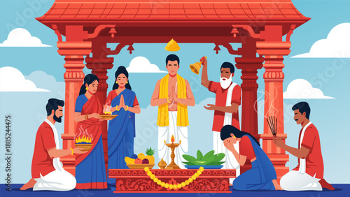 Hindu Wedding Rituals Vector Illustration of a Traditional Indian Marriage Ceremony and Cultural Celebration