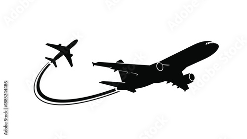 Silhouette graphic illustrating two stylized airplanes taking off or flying in formation leaving curved contrails