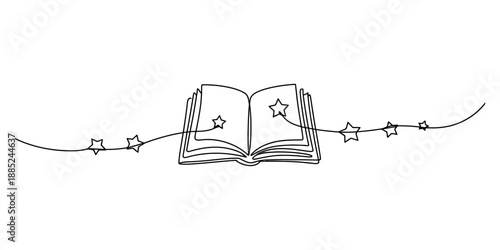 An open book with a continuous line art drawing of stars flowing from its pages
