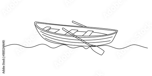 Continuous line drawing of a small wooden rowboat with oars floating on calm water
