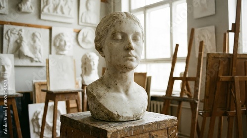 Sculptures in an Art Studio - A collection of sculptures, including a bust, in a well-lit art studio with easels and plaster casts