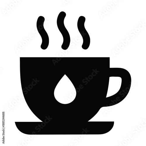 Minimalist black icon of a steaming hot beverage cup with a unique droplet detail, representing a warm and comforting drink, suitable for clean graphic design, web, and app UI