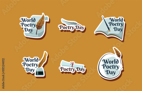 World poetry day stickers with quills inkwells and open books