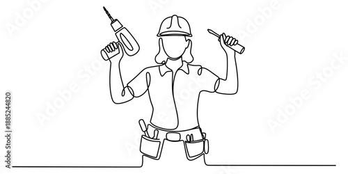 Continuous line drawing of a female construction worker holding a power drill and screwdriver