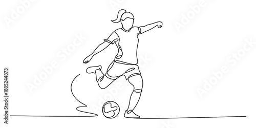 Continuous line art drawing of a female soccer player kicking a ball