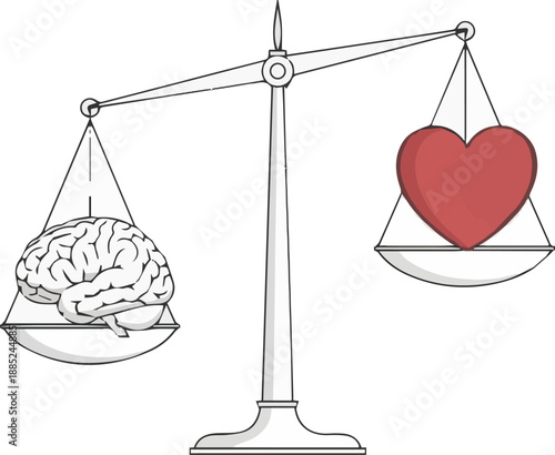 The constant internal struggle weighing the power of emotion versus the clarity of logic, as represented by a brain and heart on an unbalanced scale