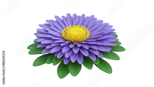 3D Render of a Purple Aster Flower with Yellow Center and Green Leaves