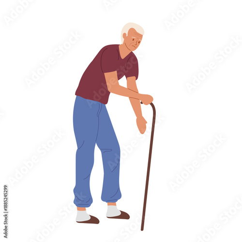 Frustrated Old grandpa with stick. Grandfather stands tall in his usual simple home clothes and slippers. Vector illustration