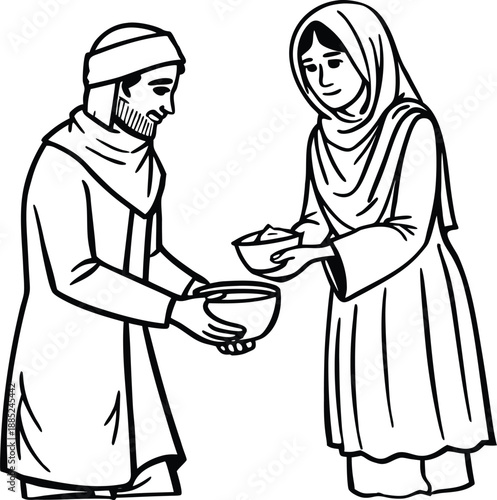 Muslim couple sharing food or giving zakat al-fitr in bowls, charity concept line art illustration.
