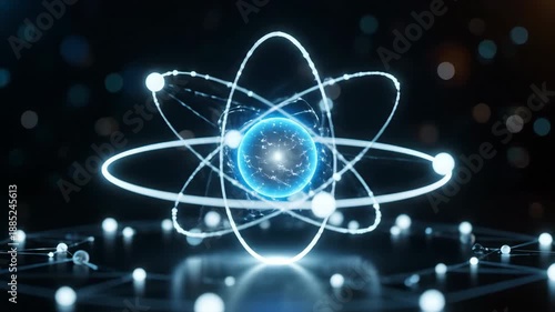 Abstract glowing blue atom model with orbiting electrons in a dark futuristic digital space.
