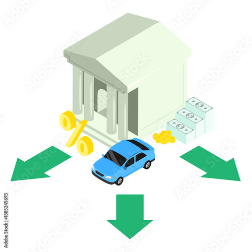 Isometric areas of bank lending by type and needs of the borrower. Isolated cartoon vector on white background top view