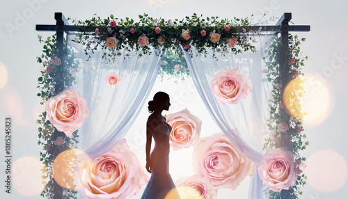 Bride silhouette under a floral canopy, double exposure merged with soft watercolor-like rose textures and natural sunlight bokeh, airy romantic editorial composite, clean minimal background, copy spa