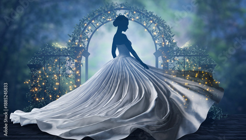 Full-body bridal silhouette in flowing gown, double exposure merged with a dreamy garden arch and fairy lights, gentle motion in fabric, editorial couture composite, high detail, minimal background, c