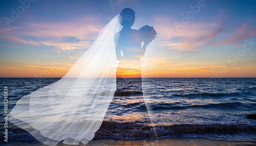 Bridal silhouette with long veil trailing, double exposure blended with ocean sunset horizon and gentle waves, warm dreamy glow, destination wedding editorial composite, clean minimal background, copy