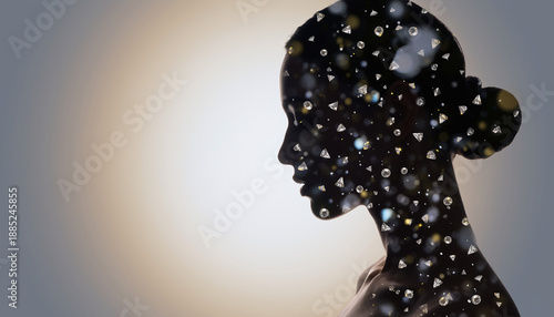 Close-up luxury beauty silhouette, double exposure merged with diamond facets and soft studio light gradients, ultra-clean editorial composite, premium cosmetics vibe, minimal background, copy space, 