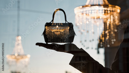 Luxury handbag silhouette in hand, double exposure merged with a chandelier-lit boutique and gold foil textures, premium fashion product editorial, crisp detail, minimal background, copy space, ultra-