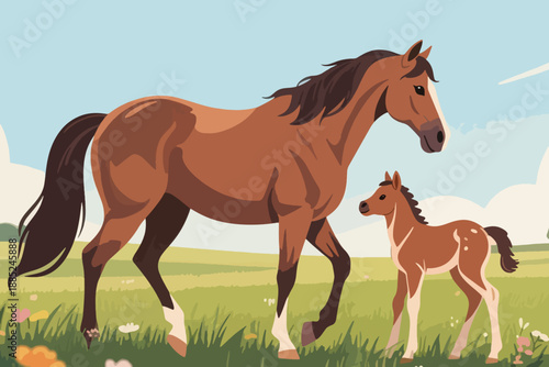Adult horse and foal in grassy field with flowers, blue sky, clouds, and peaceful green landscape.