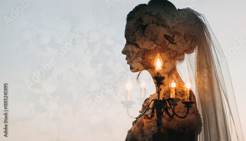 Vintage-inspired bridal silhouette, double exposure with soft film grain, floral wallpaper textures, and classic chandelier glow, nostalgic editorial composite, warm tones, clean background, copy spac