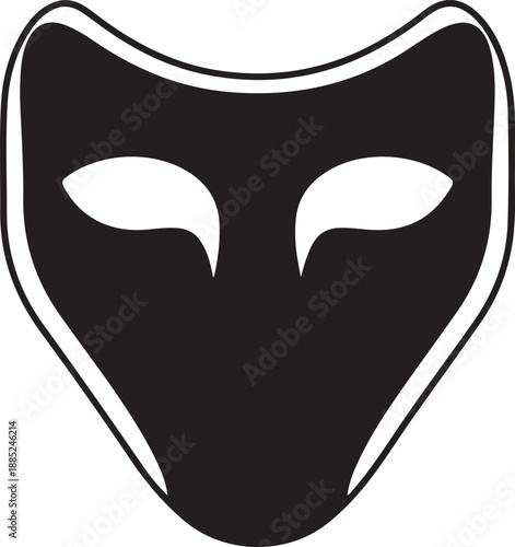 A black mask with white eyes on a plain background