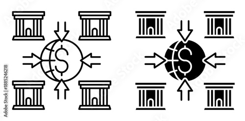 Linear icon. Pooling of financial banking cash flows in an international fund. Simple vector isolated on white background