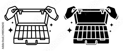 Linear isometric icon. Lottery winner opens a suitcase with money grand prize. Simple vector isolated on white background