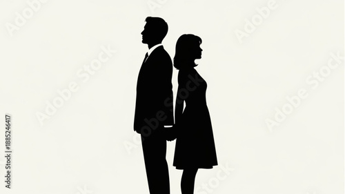 Couple Silhouette Back To Back Facing Opposite Directions.