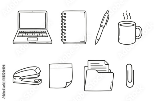 Collection of cute hand drawn office supplies. Vector doodle illustrations of laptop, notebook, pen, coffee mug, stapler, and folder. Sketch line art for workspace, business, and school design.