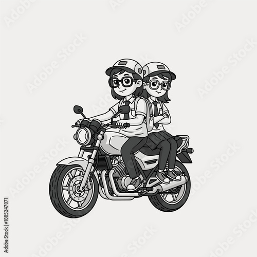 A red and black sport motorcycle with chrome wheels and a powerful engine is isolated on a white background with a male biker model prepared to ride the vehicle