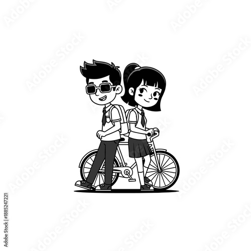 Vector illustration of a happy boy and girl riding bikes together in a fun family cycling sport featuring a cartoon child silhouette and a young cyclist person on a bicycle wheel