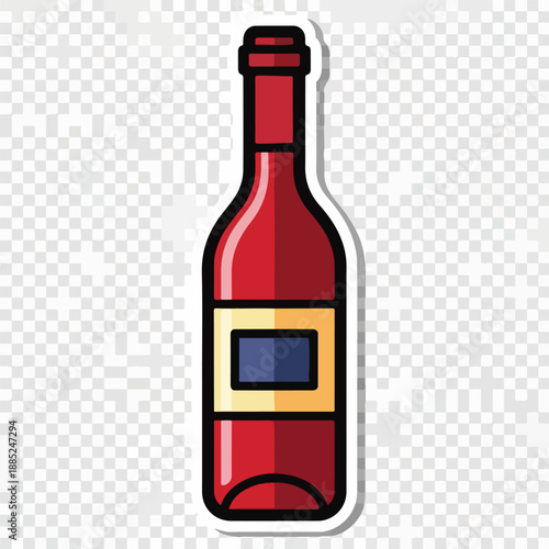 A cartoonish wine bottle with a red body and gold label