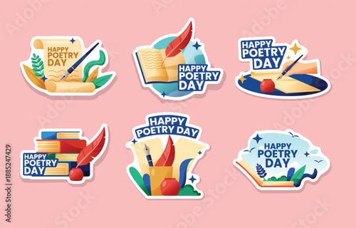 Collection of colorful stickers celebrating happy poetry day with writing tools