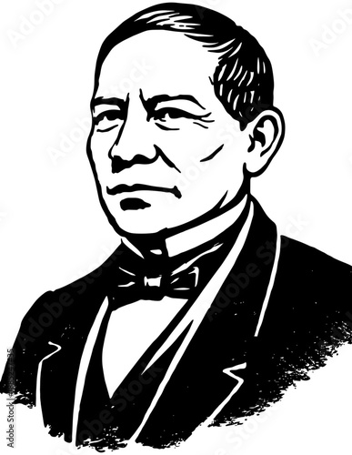 AI Illustrated portrait of Benito Juárez, Mexican historical figure, 19th century, black and white editorial illustration