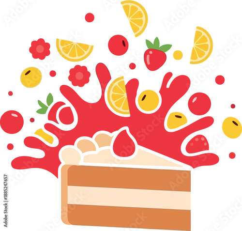 Fruit Splash Cheesecake Slice with Strawberries, Lemons, and Cream in Flat Vector Illustration