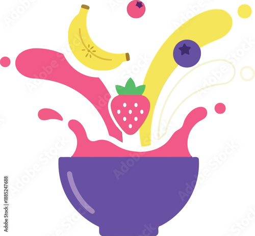 Colorful fruit smoothie bowl illustration with banana, strawberry, blueberry and splash elements