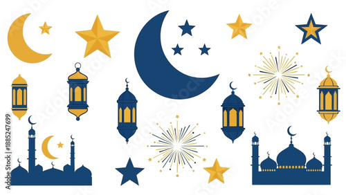 Islamic festive collection with crescent moons, stars, mosques, and lanterns, perfect for Ramadan and Eid celebrations