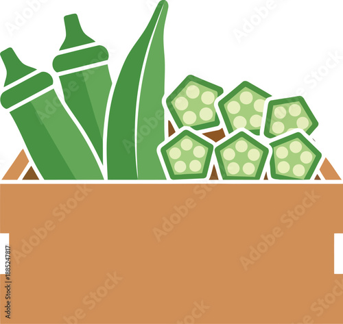Fresh green okra in wooden crate vector illustration for farmers market and organic food design