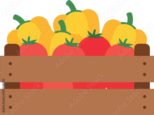 Fresh yellow bell peppers and red tomatoes in wooden crate vector illustration for farmers market and organic food design