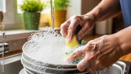 Washing Dishes with Soap and Water. Concept featuring washing dishes, cleaning, kitchen, soapy water, household chores.