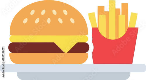Flat Vector Illustration of Cheeseburger and French Fries on Plate for Fast Food Menu Design