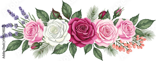 Elegant, floral bouquet with pink white roses lavender greenery isolated decorative wedding invitation botanical border vector illustration design artwork composition