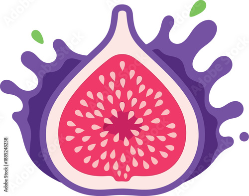 Colorful fig fruit illustration with juice splash, modern vector design for healthy food concepts