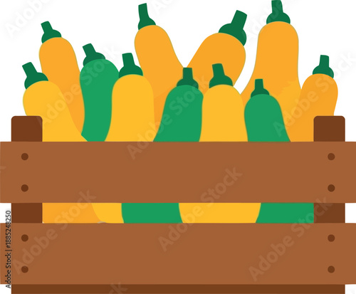 Fresh yellow squash in wooden crate vector illustration for farmers market and organic produce designs