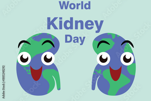 World Kidney Day cartoon illustration with Earth-shaped smiling kidneys promoting global health awareness. eps 10
