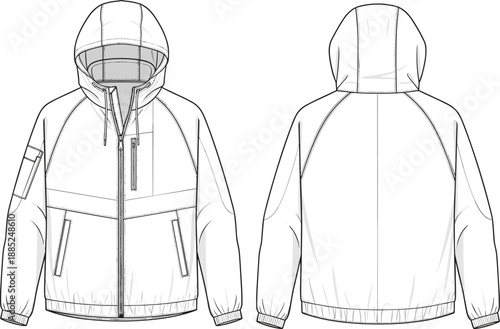 Mens hooded jacket technical cad drawing flat vector illustration, front back view outdoor outerwear apparel fashion design template