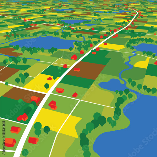 Aerial view of rural landscape with fields, roads, and water