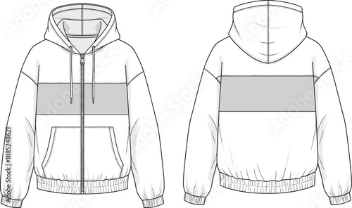 Mens hooded zip jacket technical cad drawing flat vector illustration, front back view hoodie outerwear apparel fashion design