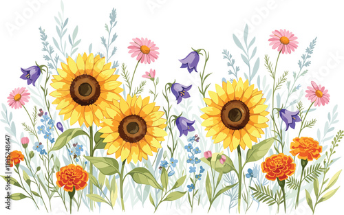 Colorful wildflower meadow with sunflowers daisies bellflowers greenery isolated spring floral garden border flat vector illustration design